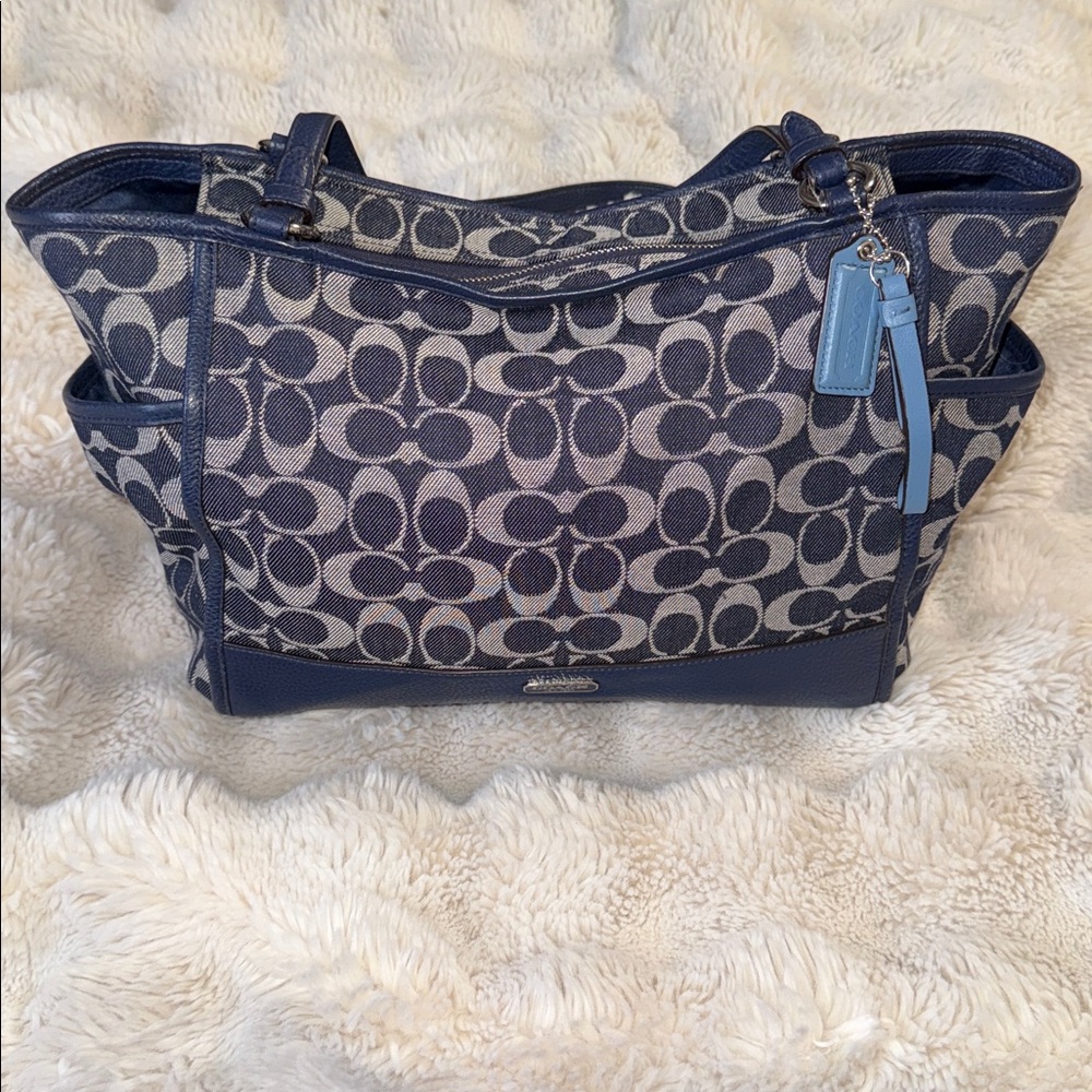 Denim Coach Navy and White Signature Tote